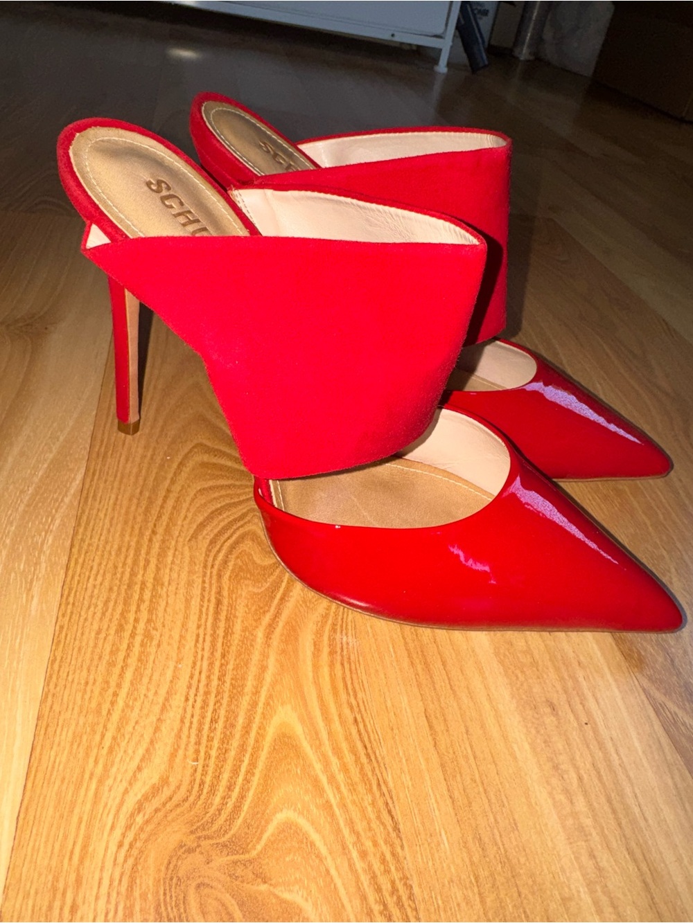 SCHUTZ Red Patent & Suede Pointed Slide Mules - Picture 2 of 12